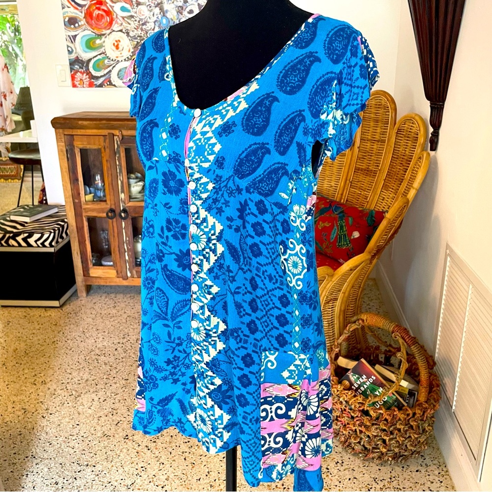 RAGA Blue Multi Print Viscose Shorts ROMPER! Button Up Front! Great condition. M